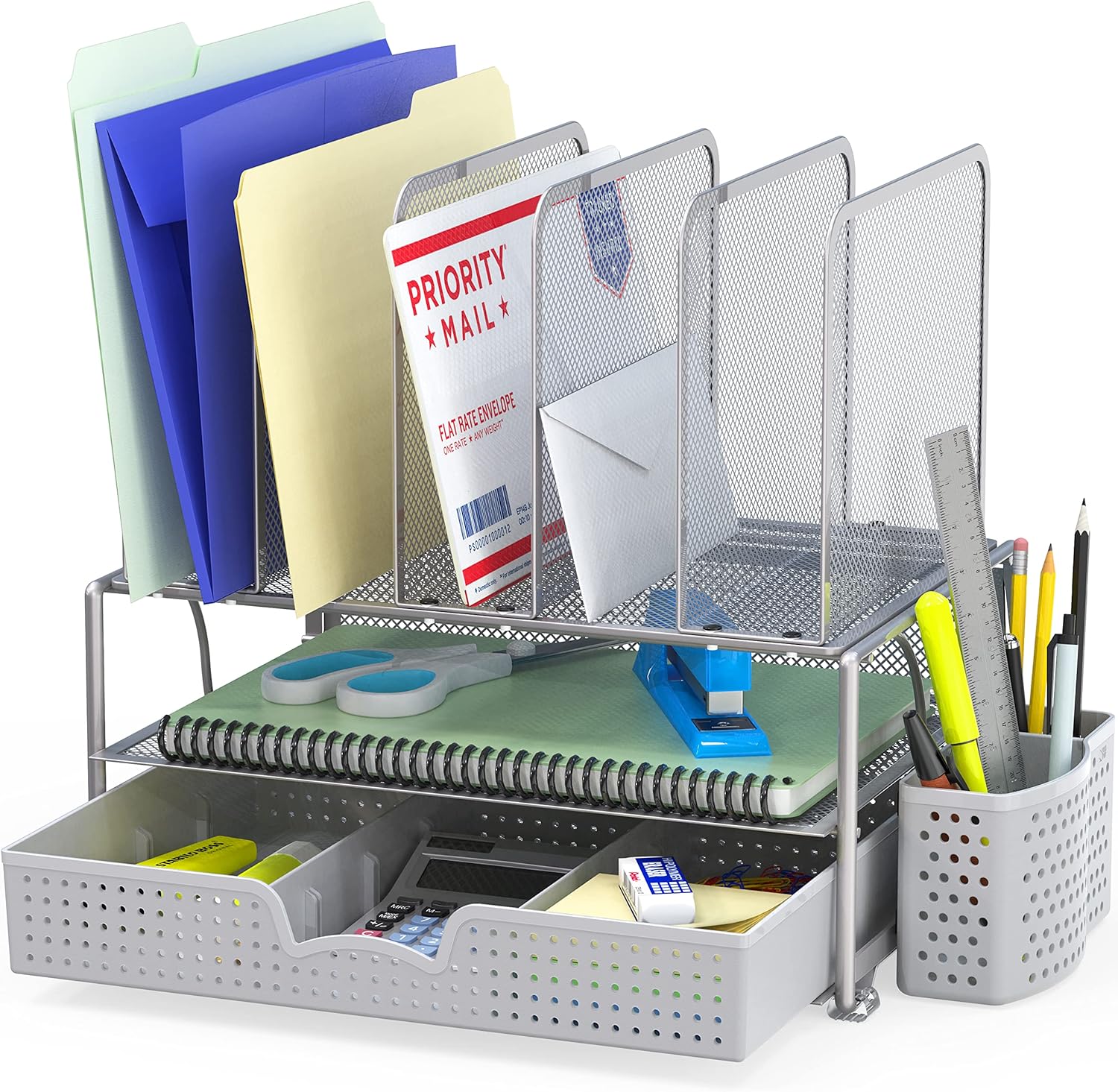 230527221257220_1 SimpleHouseware Mesh Desk Organizer with Sliding Drawer, Double Tray and 5 Upright Sections, Black - Image 1